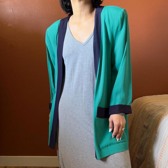 vtg 80s color blocked green open front blazer size 14 made in USA casual - Picture 7 of 12